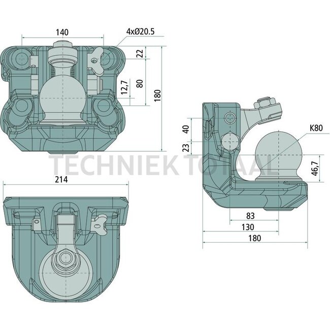 Scharmüller Kugelkupplung - 77700670040, 0.670.04.0-A02, 00.670.04.0-A02 | Verriegelung: Kugel 80 | Lochbild: 140 x 80 mm | Stützlast: 3000 kg | D-Wert: 97,1 kN | Bohrung: M20 mm | Schwenkbereich: 30° | Anzahl Löcher: 4 | Farbe: Schwarz | Ausladung: 287 mm