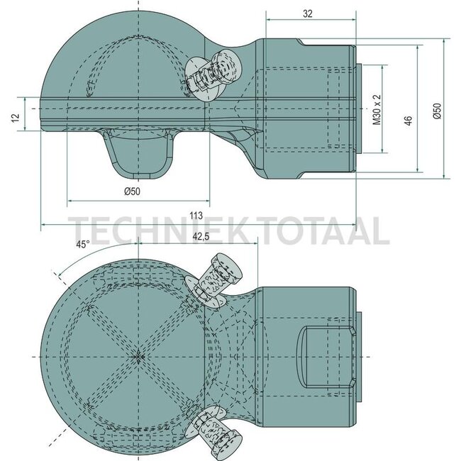 Scharmüller Drawbar eye Version for retainer - 777006620030, ROE57L012 | Steering power: -> 2 t | Description: For hold-down device | Hole: M30x2 mm | Length: 113 mm