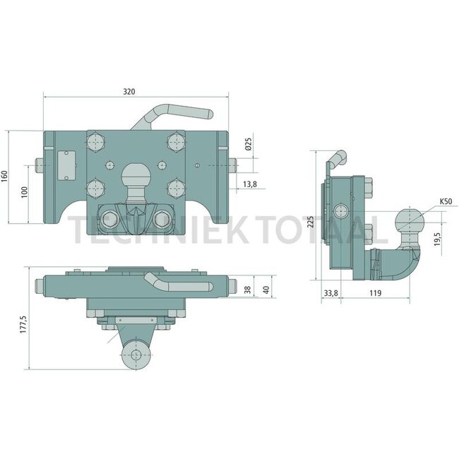 Scharmüller Trekhaak K50, rail 320 mm, pen Ø 25 mm, 17 kN