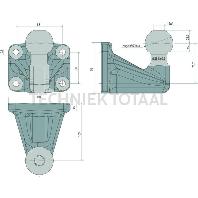 Scharmüller Flanschkugel - 777157016010-SET, 15.701.6010-SET | Lochabstand: 83 x 56 mm | Stützlast: 250 kg | D-Wert: 31 kN | Bohrung: M10 mm | Kugelüberstand: 103 mm | Verriegelung: Kugel 50