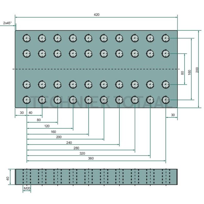 Scharmüller Aanlasplaat 200 x 420 x 40 mm, M20, gatenpatroon 160 x 160 mm