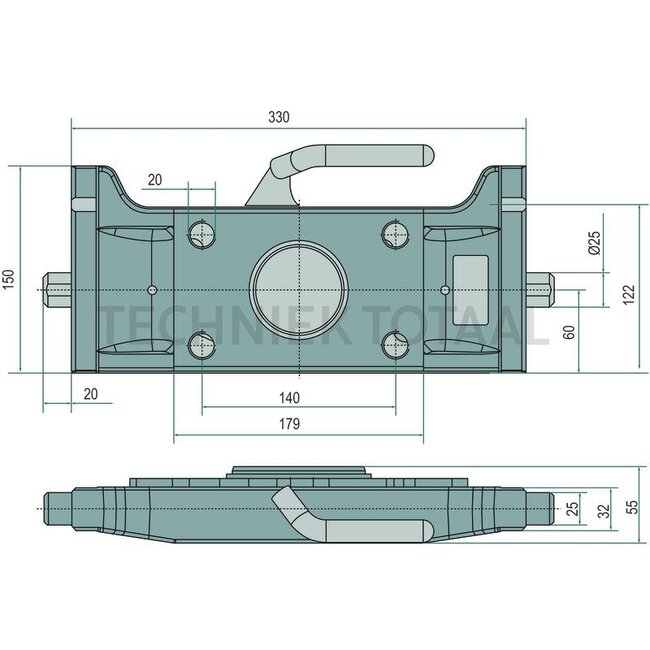 Scharmüller Adaptor plate Height adjustable with handle - 77707733052, 7.7330.52-A02, 07.7330.52-A02 | Load capacity: 3000 kg | D-value: 89,3 kN | Rail width: 330 mm | Hole pattern: 140 x 80 mm | Guide width: 32 mm | Plate height: 150 mm | Thread: M20 | Colour: Black