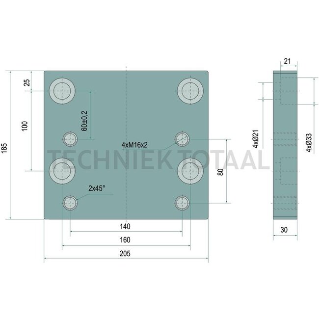 Scharmüller Anschraubplatte 185 x 205 x 30 mm, 4x M16 / 4x M20, 8 Bohrungen