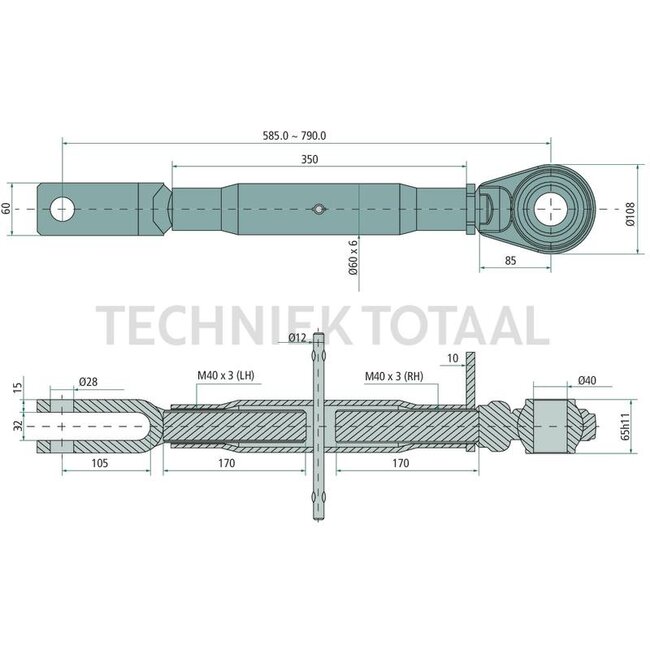 GRANIT Hubstange kpl. M40 x 3.0 - 71802521, 3148914R91 | Ø: 28 - 40 mm | Länge min.-max.: 580 - 780 mm | Gabel-Innenbreite: 33 mm
