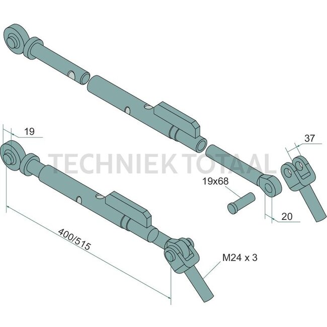 GRANIT Stabilisatorstang - 71802547, 112923A1, 853697A2, I112923A1 | Cat.: 1 | h: 44 mm | D1: 30 x 3,5 mm | D2: 24 x 3 mm | L: 400 - 670 mm | Afmetingen: lengte: 400 - 670, oog: 19,5, pen-Ø gaffel: 20, draad: M24 x 3, draadlengte: 80 mm | d: 19,5 mm