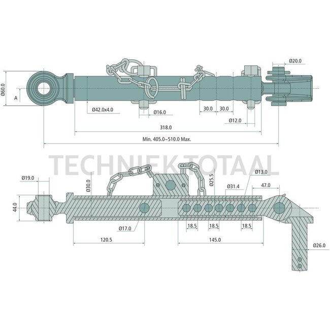 GRANIT Stabiliser - 71802036, 47123374, 100200004 | Eye Ø: 19 mm | C sleeve length: 318 mm | Thread: 42 x 4 mm | Length min./max.: 405 - 510 mm