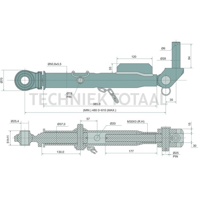 GRANIT Zijsteun rechts en links - 71817573, 5109518, 100029004 | Hulslengte C: 385 mm | Draad: M30 x 3 mm | Lengte min.-max.: 480 - 610 mm | Tip voor montage: rechts und links