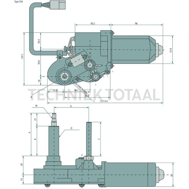 GRANIT Ruitenwissermotor zonder schakelaar - 654900077 | Hoek (°): 90 | Volt: 12 | A (mm): 69 | B (mm): 48 | C (mm): 55 | D (mm): M16 | F (mm): M8 | G (mm): 57 | W (mm): konisch 10 x M8 | Omw./min.: 42 | Aansluiting: 4-polig | Parkeerstand: links