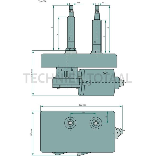 GRANIT Wischermotor - 654900097 | Volt: 12 | W: konisch 12 x M8 mm | W1: konisch 10 x M8 mm | Winkel: 90 Grad | A: 80 mm | B: 30 mm | D: M20 x 1 mm | D1: M16 x 1 mm | G: 60 mm | Wischblattlänge max.: 1000 mm | Parkstellung: links | U/min.: 43-65 | W2: kónický 10