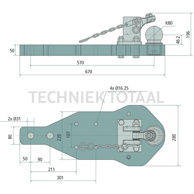 Scharmüller Support plates ball 80, 3000 kg, 670 x 280 mm, thickness 50 mm Valtra