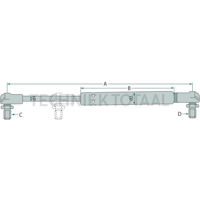 GRANIT Gasdruckdämpfer - 6549702505, 0009655600, 83402, 083402, 9655600 | Newton: 700 | A: 285 mm | B: 149,5 mm | C: 10 mm | D: 10 mm | Hub: 101,5 mm | d1: 8 mm | d2: 19 mm | Form: 2 | Ausführung: Kugelpfanne Kunststoff