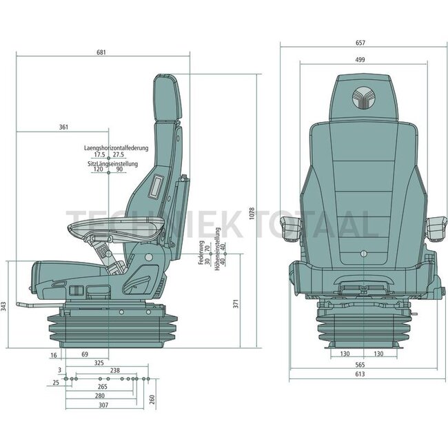 GRAMMER Actimo Evolution MSG95EL/742 - 2401294588, 1294588 | Ophanging: luchtgeveerd | Bekledingstype: Stof | Zittingcontactschakelaar: Ja | Spoormaat: 260 mm | Zittingbreedte: 550 mm | Joystickconsole: Optioneel | Horizontale vering in de lengterichting: Ja | Go