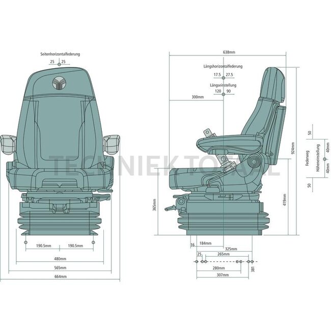 GRAMMER Maximo XT Dynamic Plus MSG97AL/741 - 11400846 | Ophanging: luchtgeveerd | Bekledingstype: Stof | Stoelcontactschakelaar: optioneel | Spoormaat (mm): 381 | Stoelbreedte (mm): 565 | Joystickconsole: optioneel | Horizontale vering in de dwarsrichting: ja | H