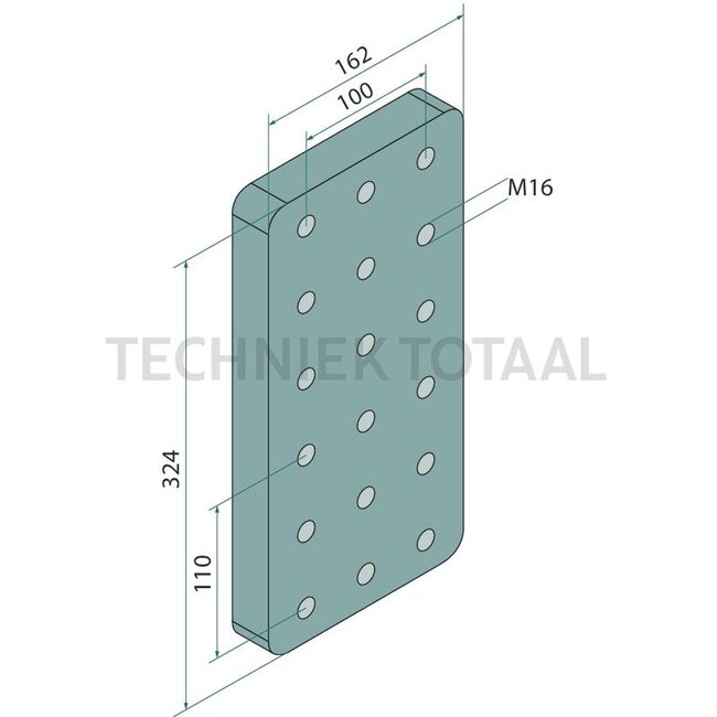 ROCKINGER Weld-on plate - 78774L108 | Hole pattern: 4 x (100 x 100 x 110) mm | Thread: M16 | Dimensions: 324 x 162 x 30 mm | Description: Bolts not included. |  Please order bolt set 78770950 at the same time. |  | Assembly notes: Bolt-on/weld-on plates are conside