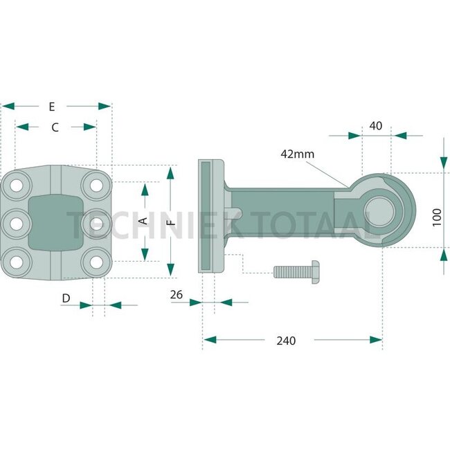 ROCKINGER Trekoog - 78757233, ROE57233 | Uitvoering: Flens | D-waarde: 130 kN | Trekoog Ø: 40 mm | Oplegdruk: 2500 kg | A: 100 mm | Aantal gaten: 6 | Boring: M17 mm | C: 110 mm | Dc-waarde: 99 kN | E: 154 mm | Flens: 6-gaats | De-waarde: 86,7 kN | F: 154 mm | Menke