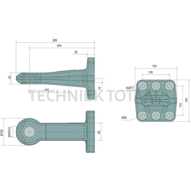 Scharmüller Trekoog - 77700652240, 8000616 | Uitvoering: Flens | D-waarde: 89,3 kN | Gatenpatroon: 110 x 100 mm | Trekoog Ø: 40 mm (42 mm dik) | Oplegdruk: 2500 kg | Kleur: KTL-coating zwart | Aantal gaten: 6 | Werklengte: 240 mm | Boring: M16 mm | Flens: Verticaal |