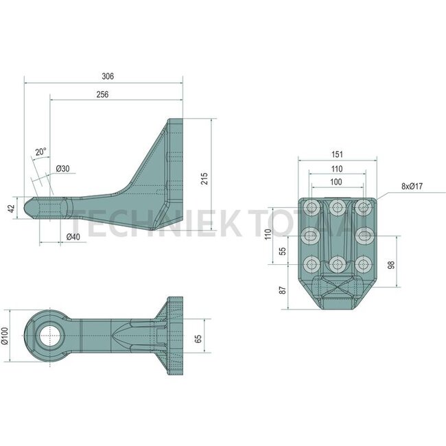 Scharmüller Zugöse - 77700652501, 0.652.50.1-A02, 00.652.50.1-A02 | Ausführung: Flansch | D-Wert: 83,9 kN | Lochbild: 110 x 100 mm | Zugösen-Ø: 40 mm (42 mm stark) | Stützlast: 2500 kg | Farbe: Schwarz | Anzahl Löcher: 8 | Ausladung: 256 mm | Bohrung: M16 mm | Flansc