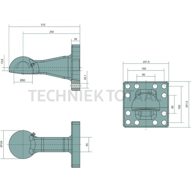 Scharmüller Zugöse Kugel 80, 12-Loch 160 x 160 mm, M20, 250 mm, 6000 kg
