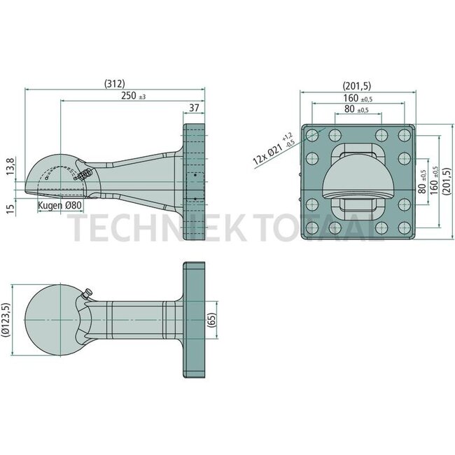 Scharmüller Drawbar eye - 777006659010 | D-value: 120 kN | Flange: 12-hole, vertical | Load capacity: 4000 kg | Hole pattern: 160 x 160 mm | Hole: M20 mm | No. of holes: 12 | Colour: Black | Lock: Ball 80 | Overhang: 250 mm | EC certification mark: VO (EU) 2015/208 |