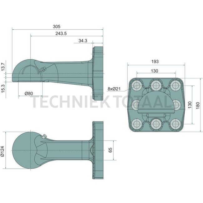Scharmüller Trekoog - 11301317, 0.653.90.0-A02, 00.653.90.0-A02 | D-waarde: 120,2 kN | Flens: 8-gaats, verticaal | Oplegdruk: 4000 kg | Gatenpatroon: 130 x 130 mm | Boring: M20 mm | Aantal gaten: 8 | Kleur: zwart | Werklengte: 240 mm | EG-goedkeuring: VO (EU) 2015/20