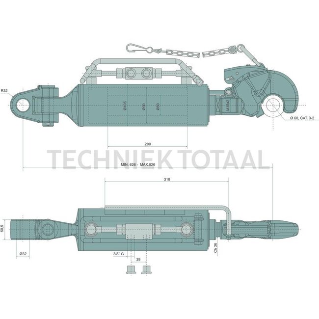 CBM Hydraulischer Oberlenker Kat.3 - 12260020, 2.1254.00.4, 02.1254.00.4 | A Kat.: 3 / 32 | B Kat.: 3 / 32 | F: 666 / 906 mm | Kolbenstangen-Ø D: 50 mm | Zylinder-Ø innen E: 90 mm | Sperrblock: oben | I: 51 mm | Bauart: Fanghaken / Gabelgelenk | Oberlenkertyp