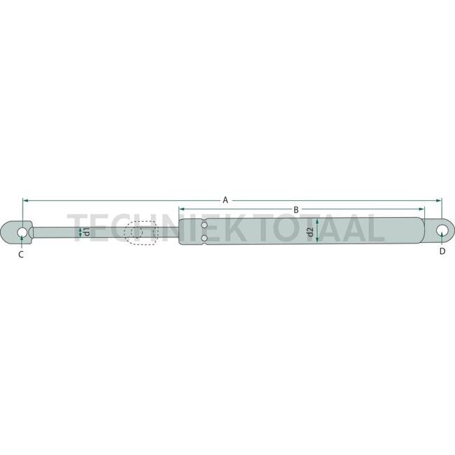 GRANIT Gas pressure damper - 6549702890, AXE42744 | suitable for: Abschlussblechgehäuse | Newtons: 1150 | A: 585 mm | C: 8 mm | D: 8 mm | d1: 10 mm | d2: 22 mm | Stroke: 247 mm | Connection 1: AUGE Metall | Connection 2: AUGE Metall