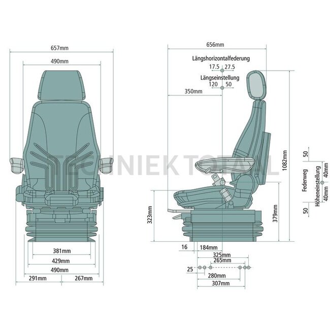 GRAMMER Actimo XXL MSG97AL/722 - 2401294779, 1294779 | Ophanging: luchtgeveerd | Bekledingstype: stof | Zittingcontactschakelaar: optioneel | Spoormaat: 381 mm | Zittingbreedte: 490 mm | Joystickconsole: optioneel | Horizontale vering in de dwarsrichting: optione