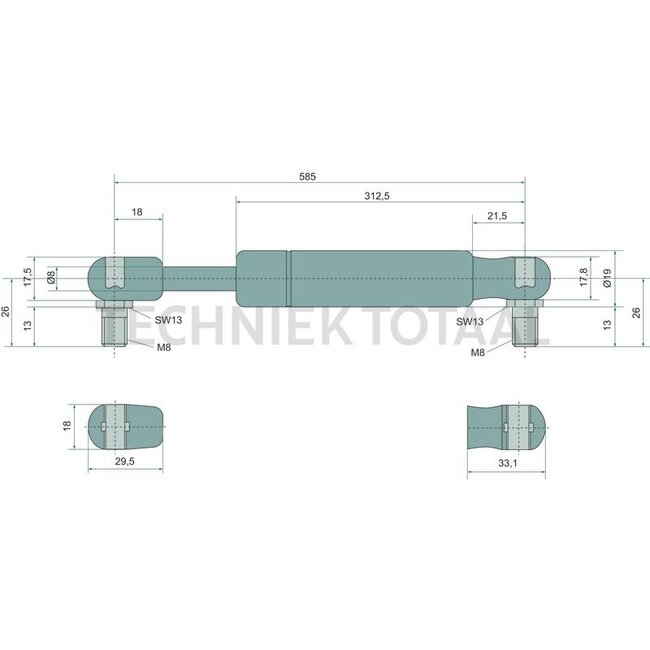 GRANIT Gasdruckdämpfer - 6549702852, 11414537, VOE11414537, 94668, 094668 | Newton: 350 | A: 585 mm | B: 335 mm | C: 8 mm | D: 8 mm | Hub: 252,5 mm | d1: 8 mm | d2: 18 mm | Anschluss 1: Winkelgelenk mit Kugelpfanne B Kunststoff | Anschluss 2: Winkelgelenk mit Ku