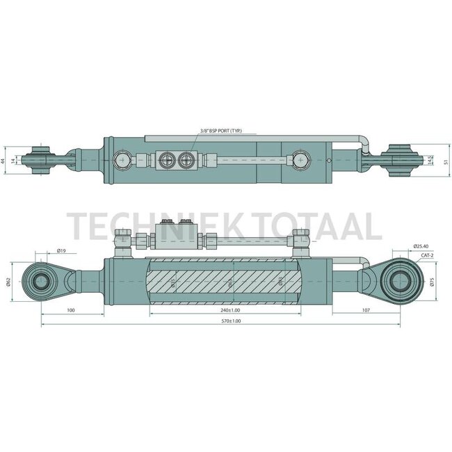 GRANIT Hydraulischer Oberlenker Eco-Line - 20010110, T1420010110 | Oberlenkertyp: hydraulisch | Bauart: Kugelgelenk / Kugelgelenk | A Kat.: 2 / 25,4 | B Kat.: 1 / 19 | F: 570 / 810 mm | Hub: 240 mm | Kolbenstangen-Ø D: 35 mm | Zylinder-Ø innen E: 63 mm | G: 44 /