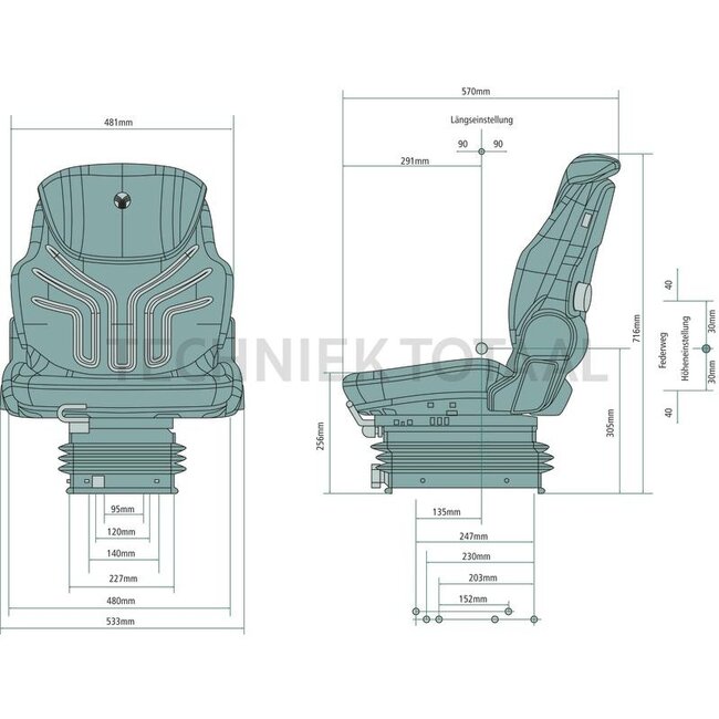 GRAMMER Basic W MSG83/721 - 2401288537, 1288537 | Suspension: Mechanical | Upholstery type: Fabric | Seat contact switch: Optional | Track gauge: 225 mm | Seat width: 480 mm | Fore/aft isolator: Optional | Restraint system: Optional | Seat heater: Optional | Leng