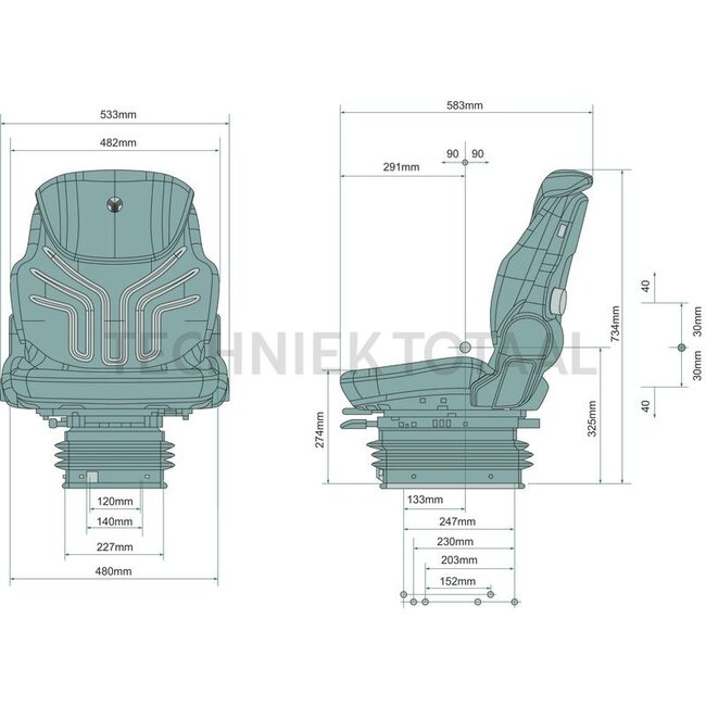 GRAMMER Compacto Comfort W MSG93/721 - 2401288538, 1288538 | Suspension: Air suspension | Upholstery type: Fabric | Seat contact switch: Optional | Track gauge: 227 mm | Seat width: 482 mm | Fore/aft isolator: Yes | Restraint system: Optional | On-board voltage: