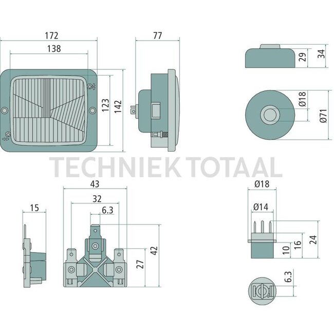 GRANIT Scheinwerfer 12 V 40/45 W standlicht Bilux, grau Kunststoff Rahmen Fendt