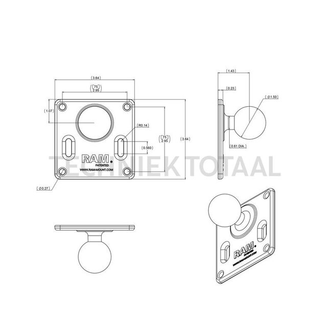RAM MOUNTS VESA base plate C-ball Ø 38,1 mm, hole spacing 75 x 75 mm | RAM-2461U