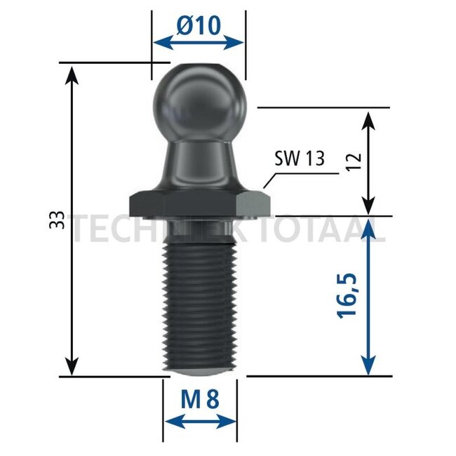 Stabilus Ball pin M8, wrench size 13, E 10 mm