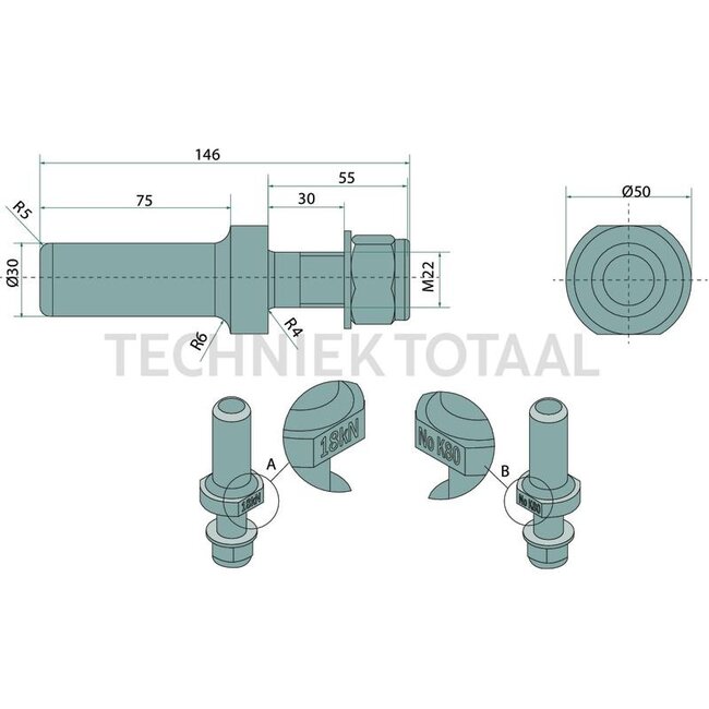 Scharmüller Piton shunting bolt 18 kN, M22, pin 30 mm, length 146 mm