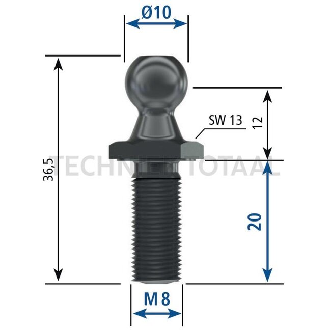 Stabilus Kugelzapfen M8, Schlüsselweite 13, E 10 mm