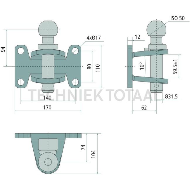 Scharmüller Sleepklauw Kugel 50, Lochabstand 140 x 80 mm, Bohrung M16, schwarz