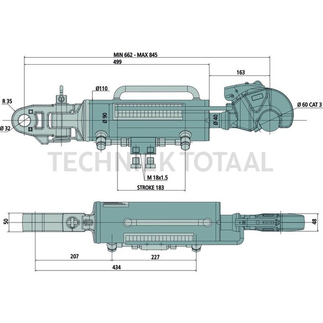 CBM Hydraulic top link 3/60-3/32, 662-845 mm, stroke 183 mm John Deere | 02.1343.00.4, AL219002