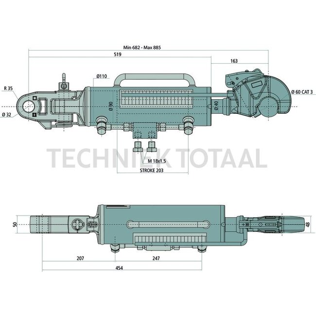 CBM Hydraulic top link 3/60-3/32, 682-885 mm, stroke 203 mm John Deere | 02.1344.00.4, AL220204