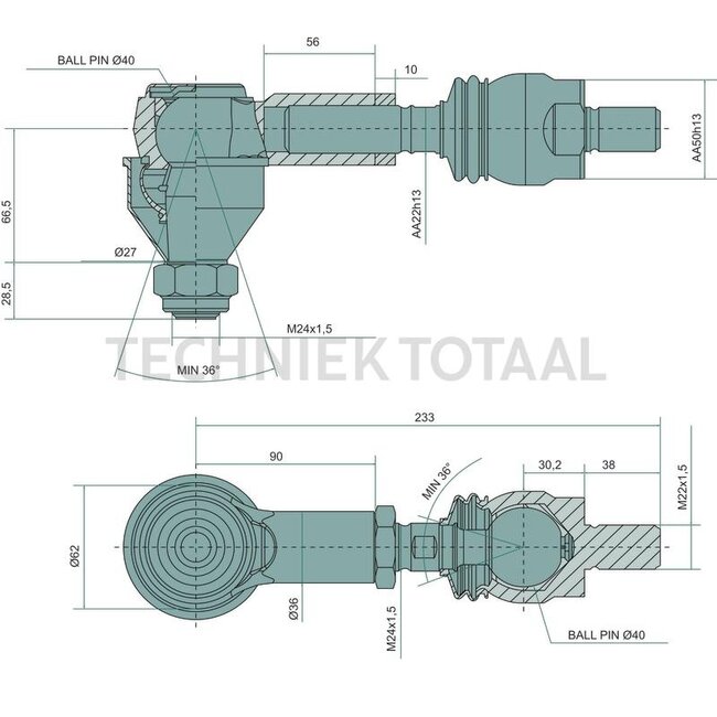 DANA Spicer Spurstange 233 mm, Konus 27 - 30,3 mm, M24 x 1,5, M22 x 1,5 | 211.24.624.19, 1000143377