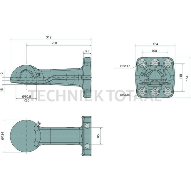 Scharmüller Zugöse Kugel 80, 250 mm, Flansch 110 x 100 mm, 6-Loch M17 | 00.652.930.0-A90