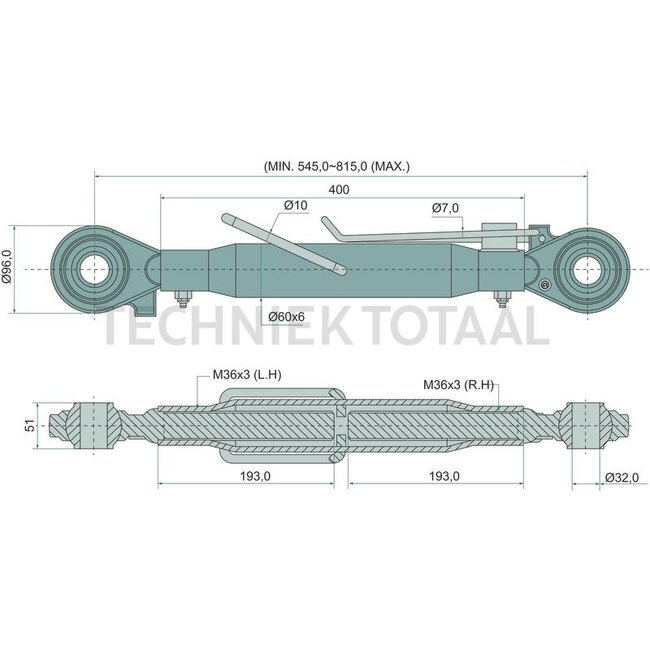 GRANIT Top link threaded spindle/threaded spindle cat. 3/3, M36 x 3, 545 - 815 mm