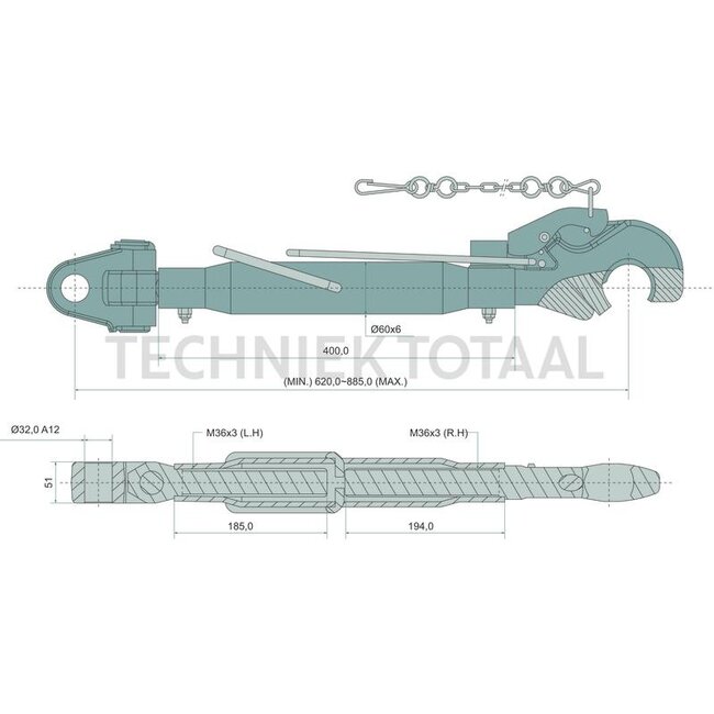 GRANIT Topstang vanghaak/gaffelkop cat. 3/3, M36 x 3, 620 - 885 mm