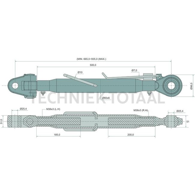 GRANIT Top link clevis/ball joint cat. 2/2, M36 x 3, 665 - 935 mm