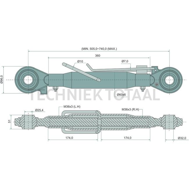 GRANIT Mechanischer Oberlenker Gewindespindel/Gewindespindel, Kat. 2/3, 505 - 740 mm