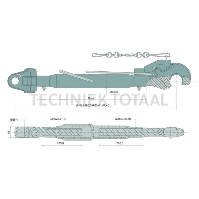 GRANIT Mechanischer Oberlenker Fanghaken/Gabelkopf, Kat. 2/3, 680 - 950 mm
