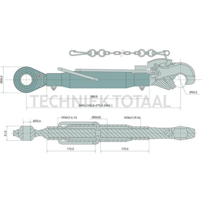 GRANIT Mechanische topstang vanghaak/draadspindel, cat. 2/2, 545 - 775 mm