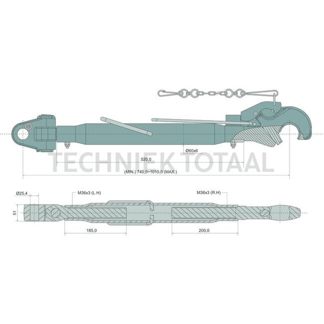 GRANIT Mechanischer Oberlenker Fanghaken/Gabelkopf, Kat. 3/2, 740 - 1010 mm
