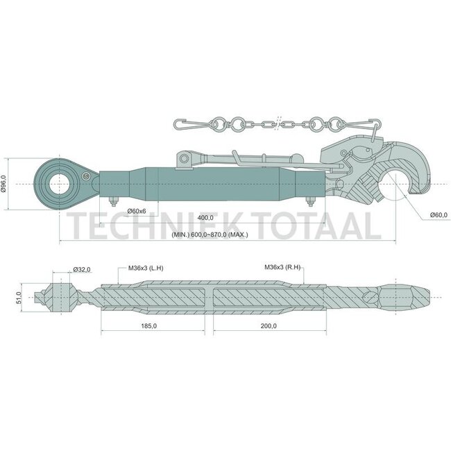 GRANIT Mechanischer Oberlenker Fanghaken/Gewindespindel, Kat. 3/3, 600-870 mm
