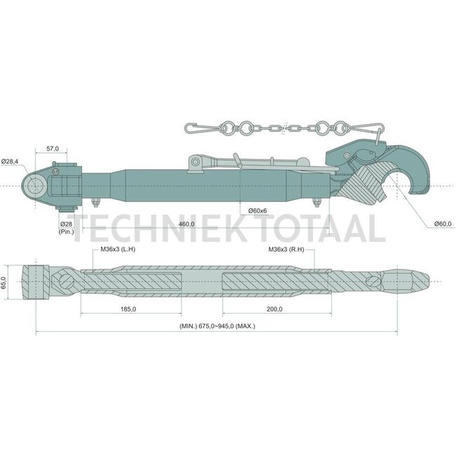 GRANIT Mechanische topstang vanghaak/gaffelkop, cat. 28,4/3, 675 - 945 mm
